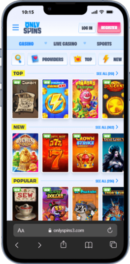 A mobile screenshot showing the slots page at Gigadat casino - Only Spins