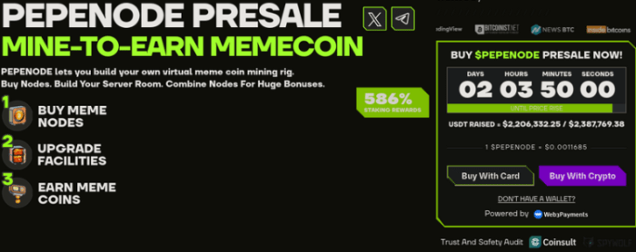 PEPENODE mine-to-earn utility and presale widget.