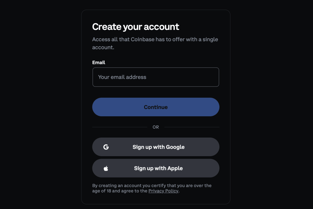 Registrace na Coinbase