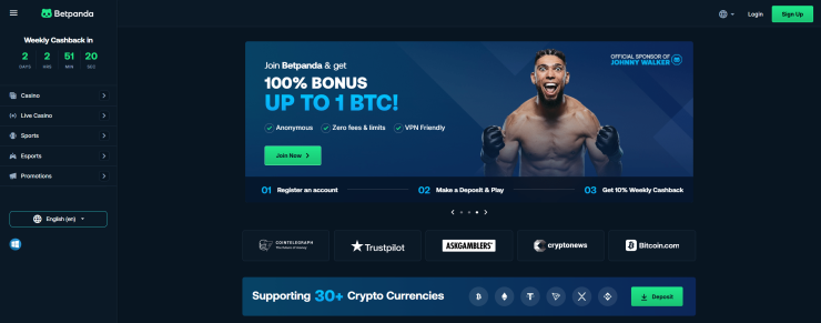 Betpanda frontpage with a welcome bonus banner presenting their 100% bonus up to 1 BTC