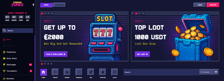 CasinoPunkz frontpage with banner displaying their slot bonus and loot box drop