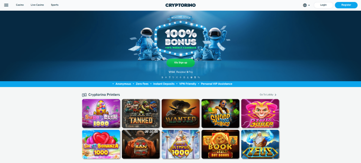 Cryptorino frontpage with a big banner displaying their welcome bonus