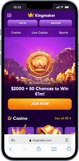 mobile screenshot of the kingmaker casino home page