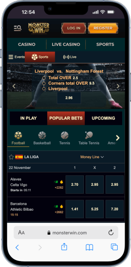 mobile screenshot of monsterwin casino's sports betting page for AU bettors