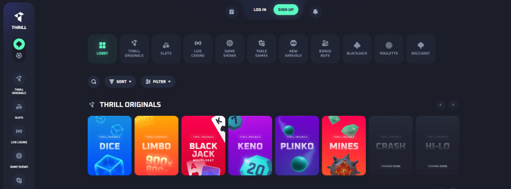 Thrill casino frontpage with their original game library. Games include dice, limbo, blackjack, plinko and more