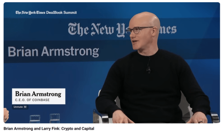 Screenshot of Brian Armstrong speaking at NYC DealBook Summit. 