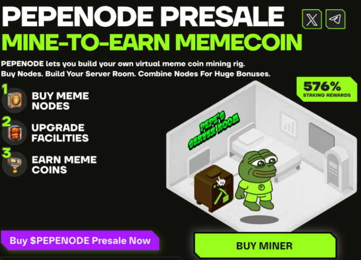 PEPENODE mine to earn explanation including staking and rewards. 