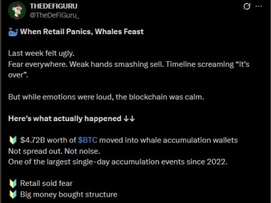 THEDEFIGURU's X post highlighting the most recent Bitcoin whale buys.
