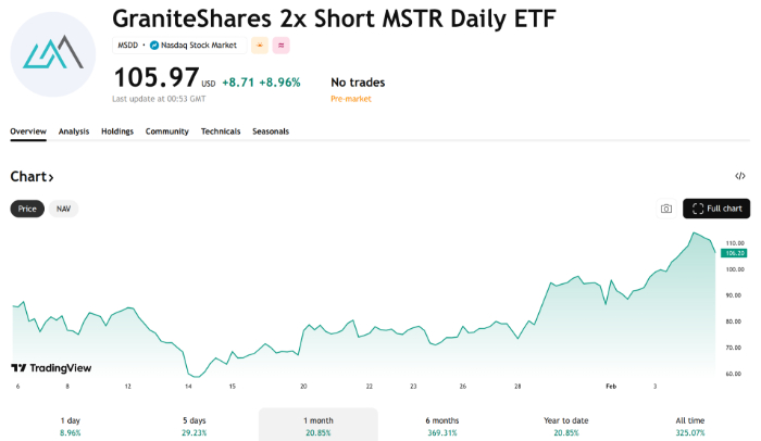MSDD price action on TradingView showing a record high.
