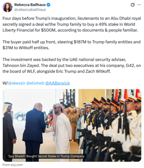 X post commenting on the investment by UAE into WLF.