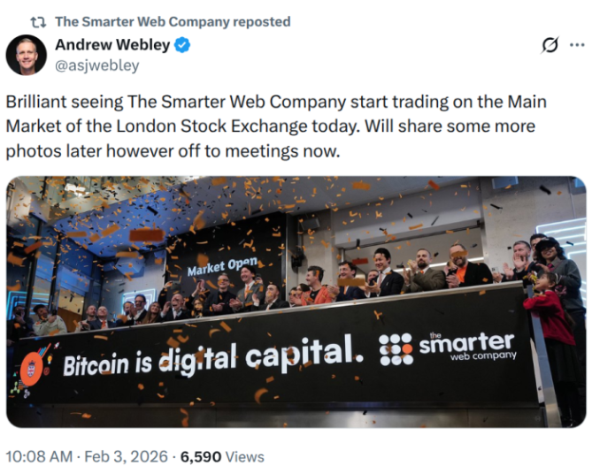 X post showing Smarter Web Company starting to trade on LSE.