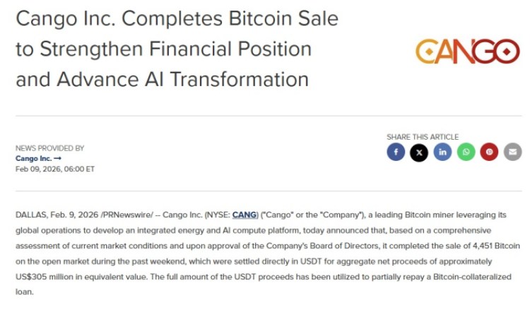Cango's official press release announcing the Bitcoin dump.