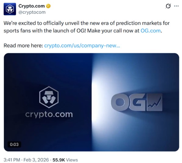 Crypto.com's X announcement of prediction market tool.