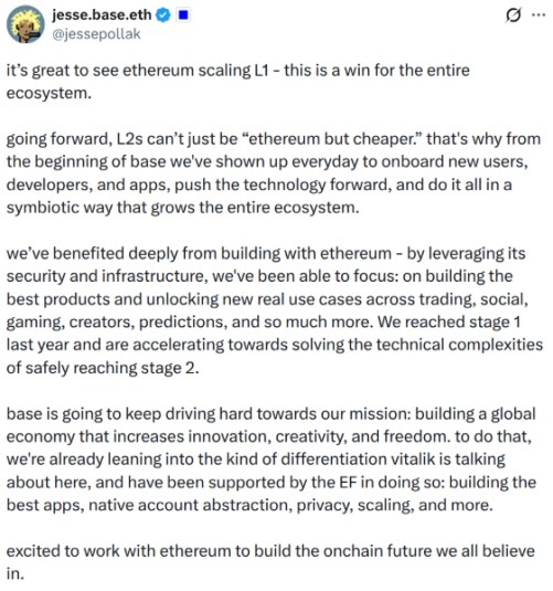 Jesse Pollak's X post in response to Buterin's thoughts.