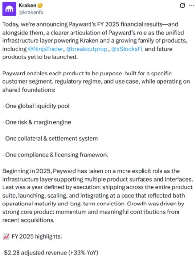 Kraken X publica el anuncio de los ingresos de Payward 2025.
