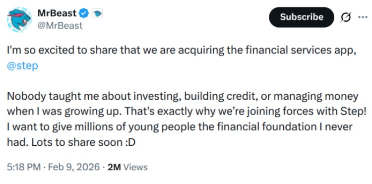 MrBeast's X post explaining the reason for the Step purchase.
