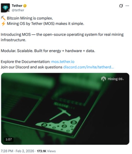 Tether OS mining announcement on X.