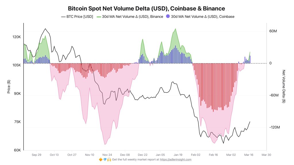 Bitcoin Spit Net Volume Delta (Coinbase and Binance)